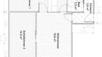Grundriss einer Wohnung mit zwei Schlafzimmern, separater Küche, Bad, WC und einem Balkon.