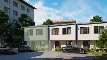 Moderne Reihenhäuser mit weißer Fassade und privaten Parkplätzen vor dem Gebäude.