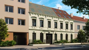 Visualisierung der modernen Fassade eines Stadthauses mit klassischem Altbau und Neubauanteil.