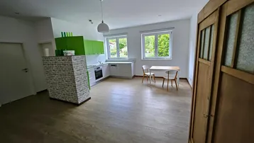 Heller offener Wohn- und Essbereich mit moderner Küche, Holzboden und Blick ins Grüne.