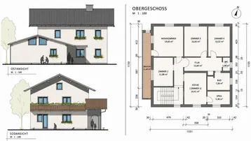 Architektonische Zeichnungen mit Ost- und Südansicht sowie Grundriss des Obergeschosses.