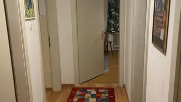 Heller Flur mit Holzboden, farbenfrohem Teppich und mehreren Türen, die zu anderen Räumen führen.