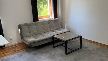 Helles Wohnzimmer mit grauem Sofa, Couchtisch und Holzboden, ideal zum Entspannen.