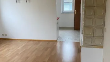 Helles Wohnzimmer mit Laminatboden, einem traditionellen Kachelofen und einem Durchgang zu einem weiteren Raum.