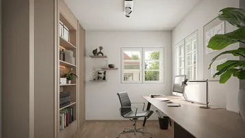 Funktionales Arbeitszimmer mit großem Schreibtisch, Bürostuhl und integrierten Regalen.