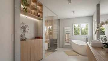 Modernes Badezimmer mit freistehender Badewanne, Doppelwaschbecken und großer Dusche.