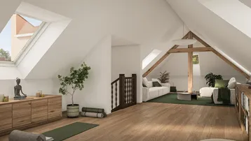 Heller Dachbodenbereich mit Holzbalken, Dachfenstern und vielseitiger Nutzungsmöglichkeit.