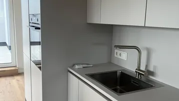 Moderne Küche mit hellgrauen Schränken, integriertem Backofen und Zugang zu einem sonnigen Außenbereich.