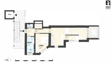 Grundriss einer Wohnung mit einem Schlafzimmer, offenem Wohnbereich und Balkon.