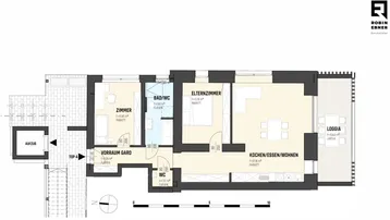 Detaillierter Grundriss mit drei Zimmern, zwei Bädern, offener Wohnküche und Loggia.