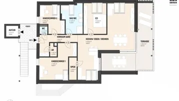 Detaillierter Grundriss einer Wohnung mit mehreren Zimmern, Terrasse und Aufzugzugang.