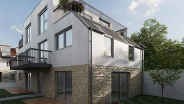 Moderne Architektur mit Steinfassade, weißen Putzflächen und mehreren Balkonen sowie einer Dachterrasse.