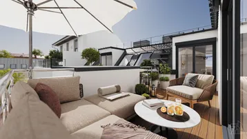 Moderne Dachterrasse mit bequemen Lounge-Möbeln und Sonnenschirm, ideal zum Entspannen.
