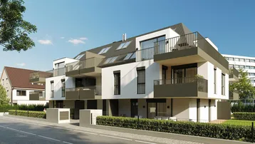 Moderne Wohnanlage mit weißer Fassade, Balkonen und gepflegter Hecke am Straßenrand.