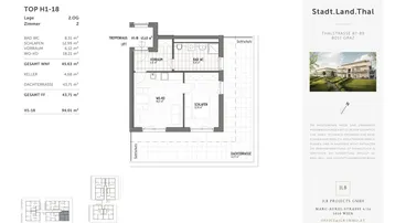 Grundrissplan der Wohnung H1-18 mit zwei Schlafzimmern, Wohn-Kochbereich und großer Dachterrasse.