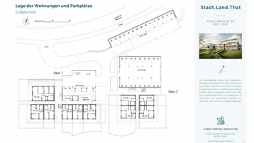 Grundriss des Erdgeschosses zeigt die Lage der Wohnungen und zugehörigen Parkplätze der Anlage.