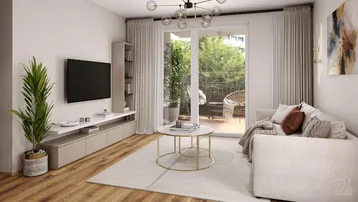 Helles, modernes Wohnzimmer mit Zugang zum Balkon und Holzboden.