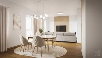 Moderner offener Wohn- und Essbereich mit Holzboden, bequemer Couch und stilvollem Esstisch.
