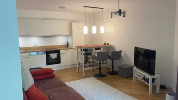 Moderner offener Wohn- und Essbereich mit integrierter Küche, Holzboden und gemütlichem Sofa.
