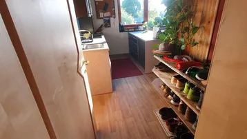 Heller Küchenbereich mit Spüle, Arbeitsplatte und Blick ins Grüne, vom Eingangsbereich aus gesehen.