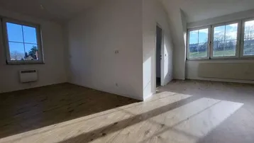 Helles, leeres Zimmer mit Holzboden und großen Fenstern, das viel Tageslicht hereinlässt.