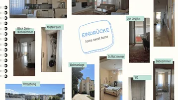 Collage mit verschiedenen Eindrücken der Wohnung, inklusive Innenräumen und Außenansichten der Wohnanlage.