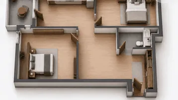 Moderner Grundriss mit zwei Schlafzimmern, offenem Wohnbereich und Balkon.