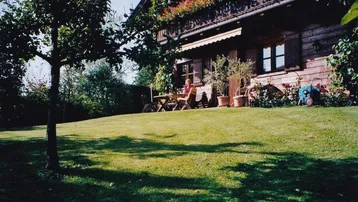 Weitläufiger grüner Garten mit altem Baum und einer Person, die die Sonne vor dem Holzhaus genießt.
