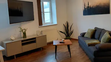 Gemütliches Wohnzimmer mit modernem Sofa, Fernseher und Holzboden.