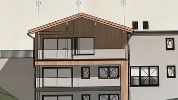 Architektonische Ansicht eines modernen Gebäudes mit Holzfassade und mehreren Balkonen.