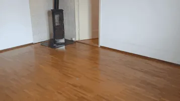 Leeres Wohnzimmer mit Holzboden und einem freistehenden Holzofen als Heizquelle.