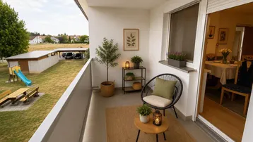 Möblierter Balkon mit Blick ins Grüne, ausgestattet mit Sitzgelegenheiten und Pflanzen, bietet Entspannung im Freien.