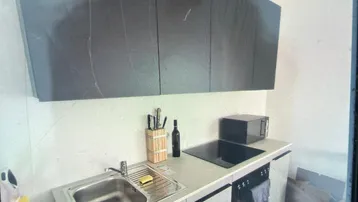 Moderne Küchenzeile mit dunklen Oberschränken, Spüle, Kochfeld und Backofen.