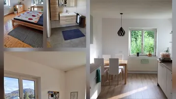 Eine Collage verschiedener Innen- und Außenbereiche des Hauses, darunter Wohnzimmer, Schlafzimmer, Bad und Garten.
