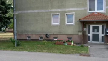 Mehrstöckiges Wohngebäude mit grüner Fassade, mehreren Fenstern mit Rollläden und einem gepflegten Eingangsbereich mit Blumenbeeten.