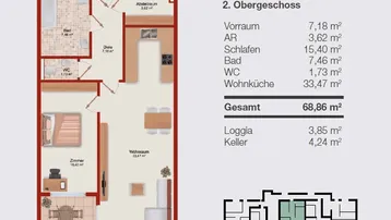 Grundriss der Wohnung TOP 11 im 2. Obergeschoss mit Wohnküche, Schlafzimmer und Loggia.
