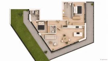 Grundriss einer modernen Wohnung mit offenem Wohnbereich, zwei Schlafzimmern und Zugang zu Terrasse und Garten.