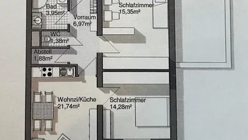Grundriss einer Wohnung mit zwei Schlafzimmern, offenem Wohn-/Kochbereich und einer Loggia.