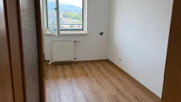 Leerer Raum mit Laminatboden und Fenster, das einen angenehmen Blick ins Grüne ermöglicht.