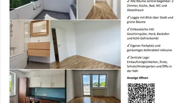 Collage mit verschiedenen sanierten Innenräumen und einer Loggia, die einen Blick über die Stadt und grüne Bäume bietet.