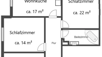 Grundriss einer Wohnung mit drei Schlafzimmern, einer Wohnküche, Badezimmer und separatem WC.