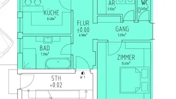 Detaillierter Grundriss des Erdgeschosses mit Wohnzimmer, Küche, Bad und zwei weiteren Zimmern.