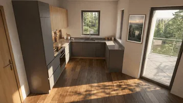 Moderne Küche mit dunklen Schränken, Holzboden und Zugang zu einem Balkon mit Waldblick.
