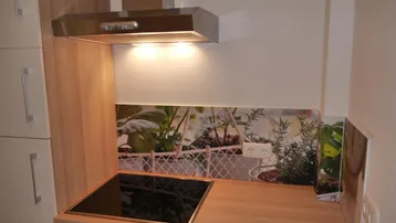 Moderne Küchenzeile mit Kochfeld, Dunstabzugshaube und dekorativer Rückwand in Holzoptik.