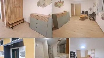 Vielfältige Ansichten eines modernen Neubaus, inklusive Eingangsbereich, Wohnzimmer, Badezimmer und einem weiteren Raum mit heller Laminatboden.