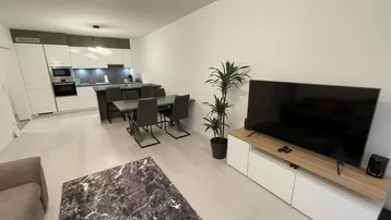 Moderner offener Wohn-Essbereich mit integrierter Küche, hellem Boden und TV-Möbel.
