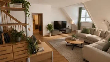 Gemütliches Wohnzimmer mit Dachschrägen, moderner Einrichtung und Wendeltreppe zum oberen Bereich.