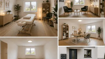 Eine Collage zeigt verschiedene Innenräume wie Behandlungszimmer, Wartebereich und Büro sowie den modernen Hauseingang.