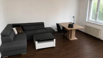 Heller Wohn- und Essbereich mit modernem Sofa, Esstisch und dunklem Laminatboden.