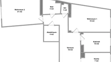 Wohnungsgrundriss mit zwei Wohnräumen, Küche, Bad, separatem WC und Abstellraum.